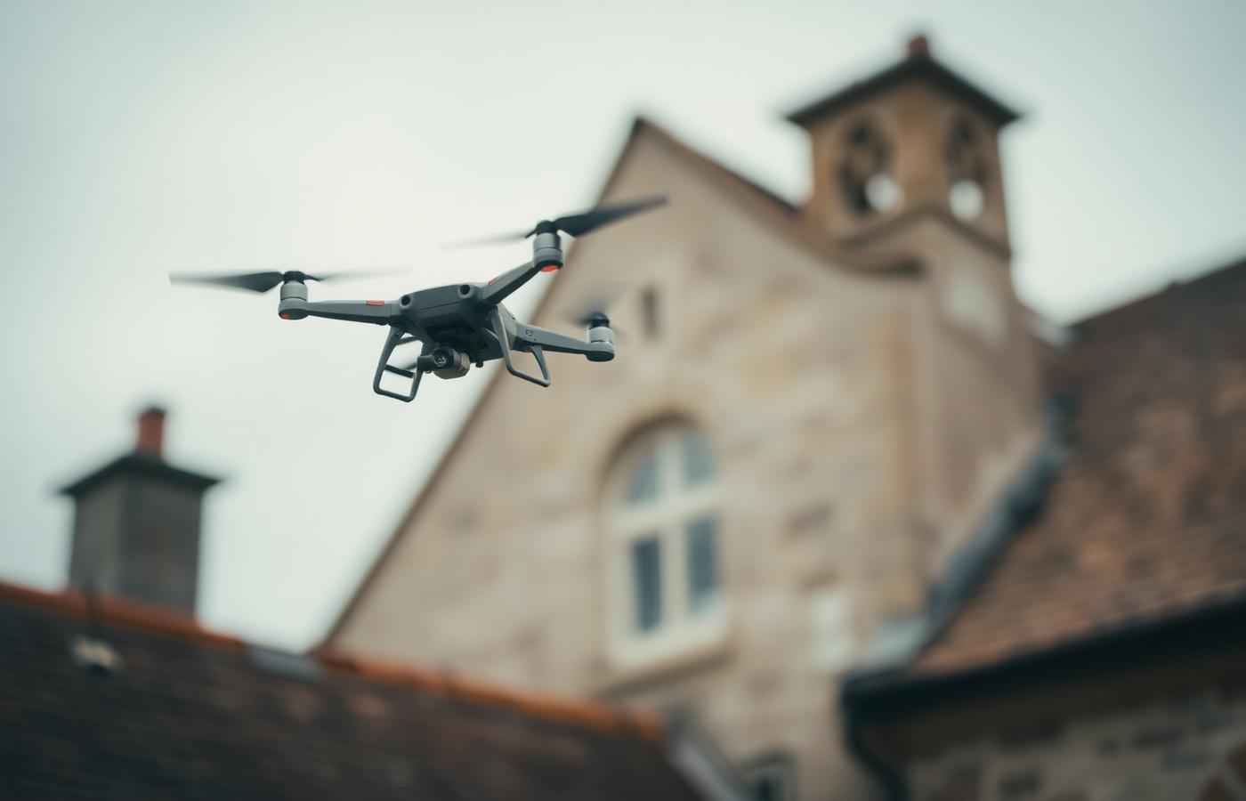 Survey drone flying close to the roofline of a historic house