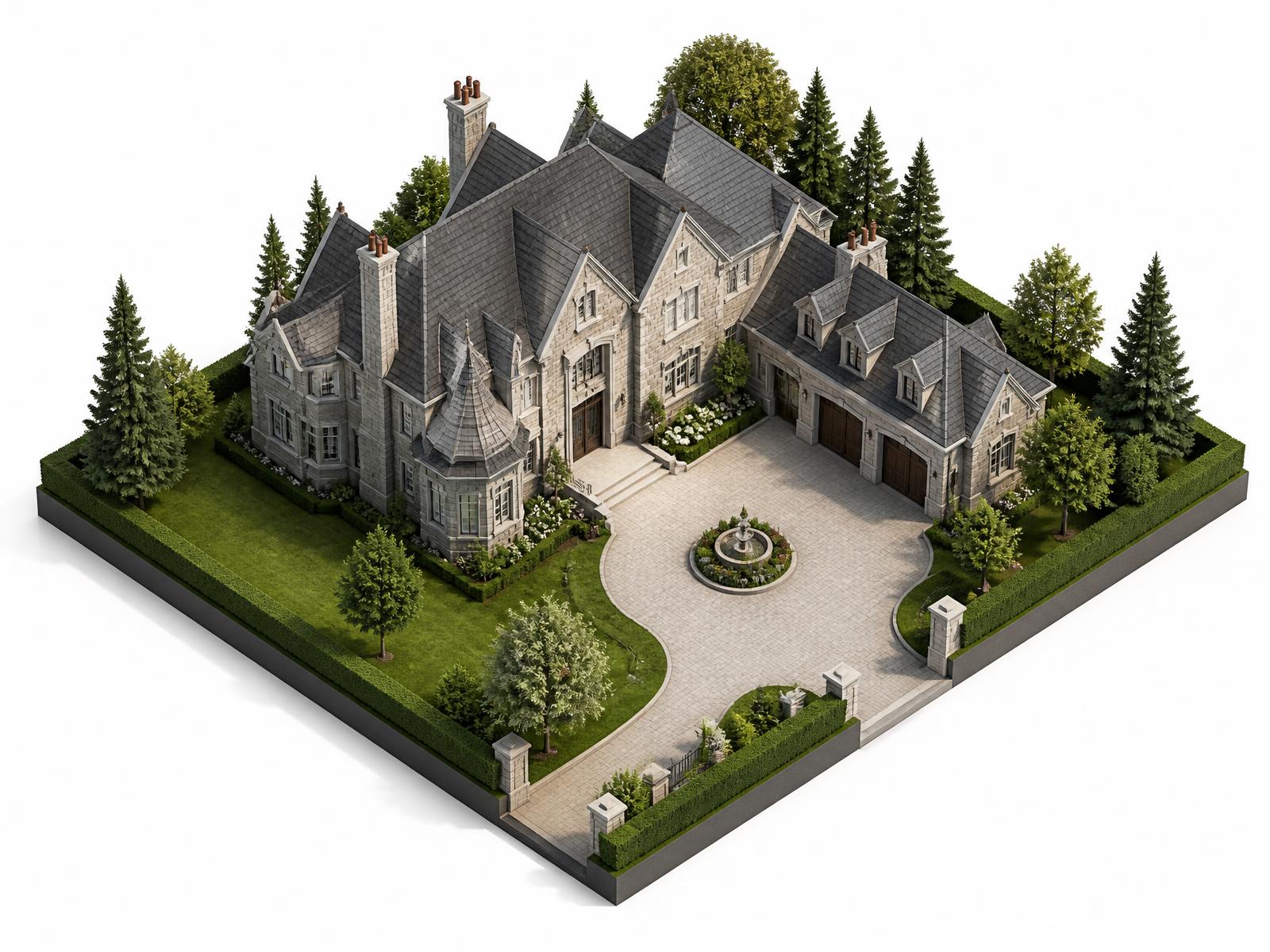 Isometric 3D digital twin model of a stone manor house and grounds